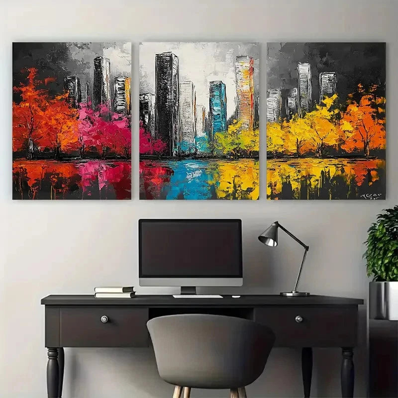 3pcs Black Painting City Colorful Landscape Wall Art Set Canvas Framed 50x70cm - High Quality Print 100% Australian Made Wall Canvas Ready to Hang - Bella Home Decor