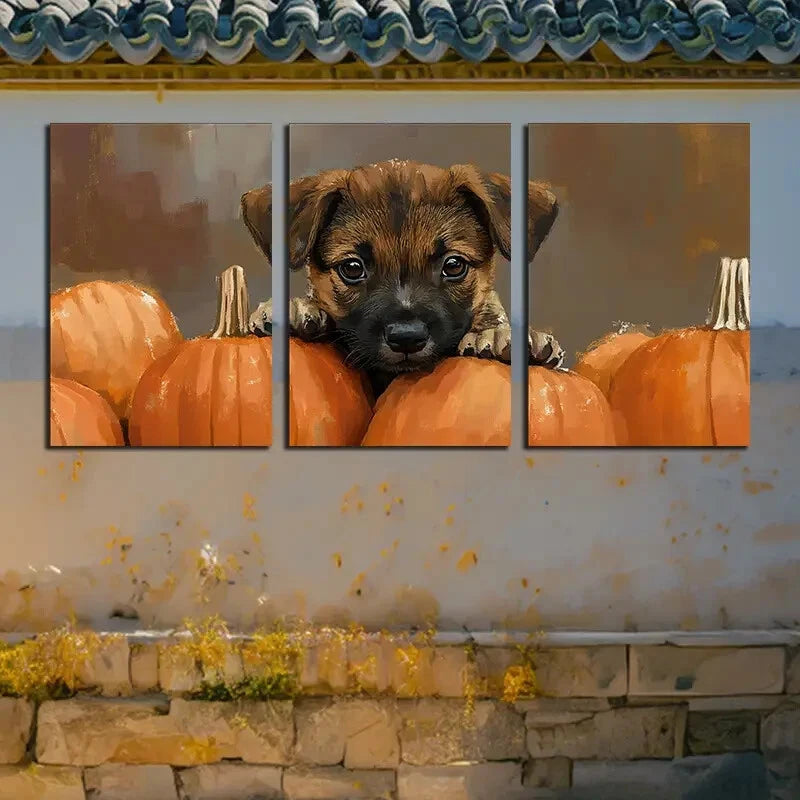 3pcs Vibrant Charming Puppy & Pumpkins Design Metal Print Ready to Hang Art - Bella Home Decor
