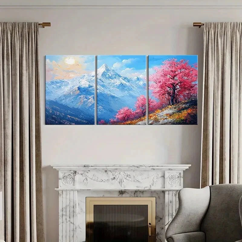 3pcs Mountain Landscape Pink Blossom Trees Metal Print Ready to Hang Art - Bella Home Decor