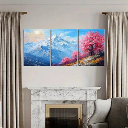 3pcs Mountain Landscape Pink Blossom Trees Metal Print Ready to Hang Art - Bella Home Decor
