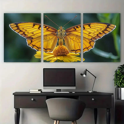 3pcs Vibrant Yellow Butterfly on Flower Nature Wall Art Set Canvas Framed 60x90cm - High Quality Print 100% Australian Made Wall Canvas Ready to Hang