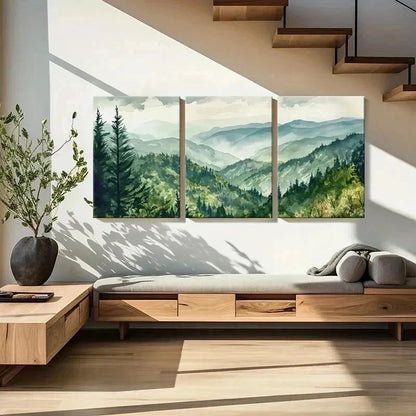 3pcs Vintage Mountain Green Forest Misty Hills Wall Art Set Canvas Framed 60x90cm - High Quality Print 100% Australian Made Wall Canvas Ready to Hang
