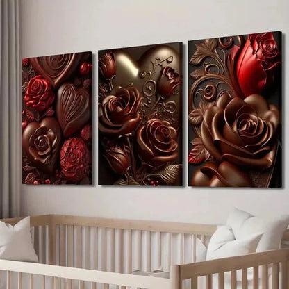 3pcs Chocolate Rose with Golden Accents Wall Art Canvas Unframed - High Quality Print 100% Australian Made Wall Canvas - Bella Home Decor