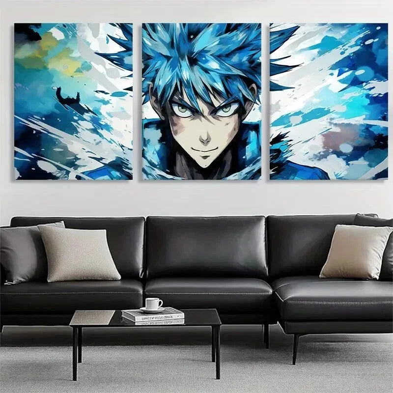 3pcs Anime Character Blue Haired Hero Perfect Wall Art Set Canvas Framed 40x60cm - High Quality Print 100% Australian Made Wall Canvas Ready to Hang