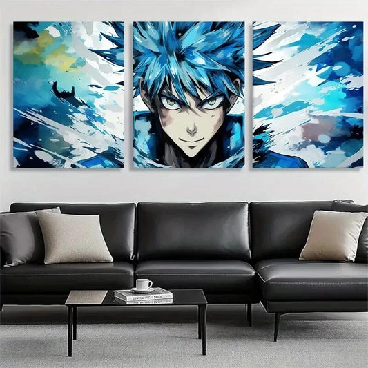 3pcs Anime Character Blue Haired Hero Perfect Wall Art Set Canvas Framed 40x60cm - High Quality Print 100% Australian Made Wall Canvas Ready to Hang