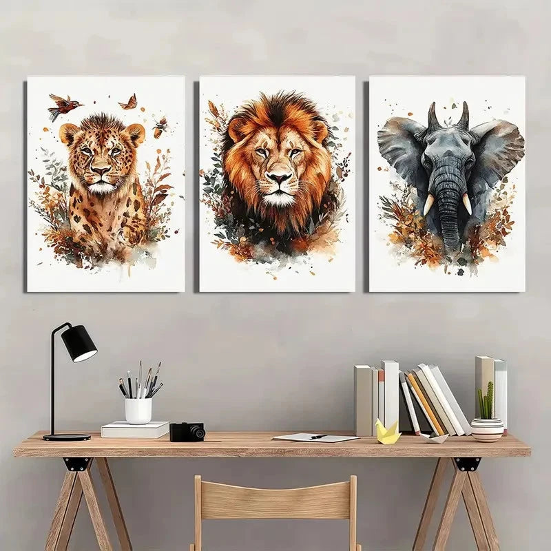 3pcs Animal Lions Elephants Giraffes Paintings Wall Art Set Canvas Framed 50x70cm - High Quality Print 100% Australian Made Wall Canvas Ready to Hang - Bella Home Decor