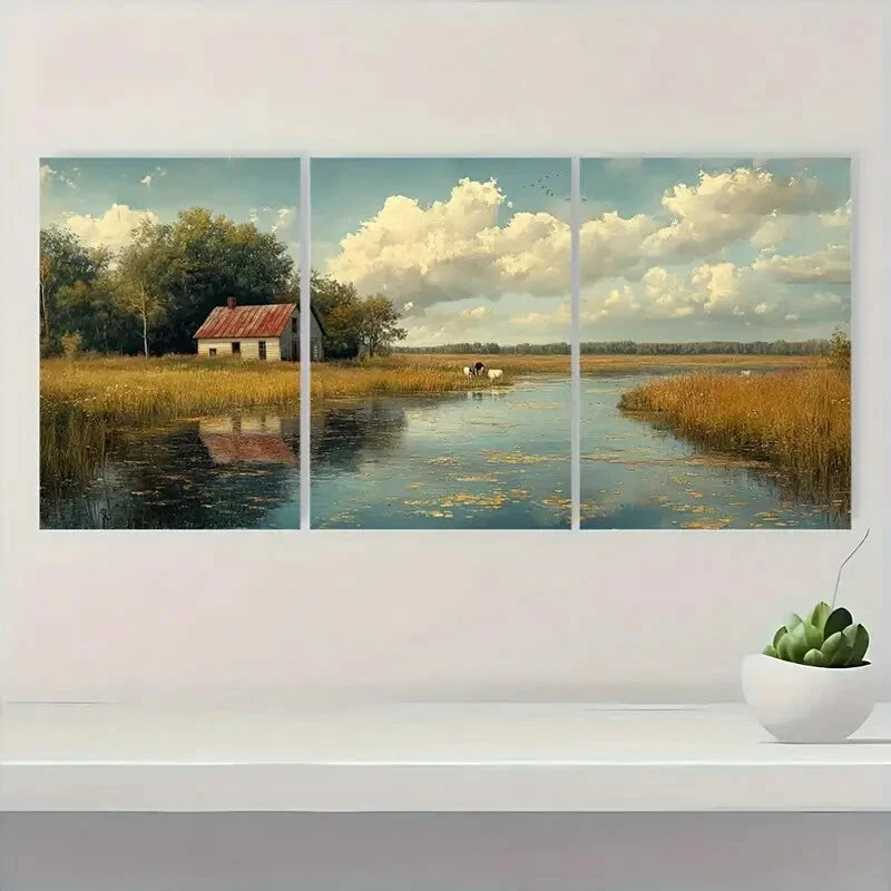3pcs Rustic Cows at a Pond Pastoral Landscape Metal Print Ready to Hang Art - Bella Home Decor