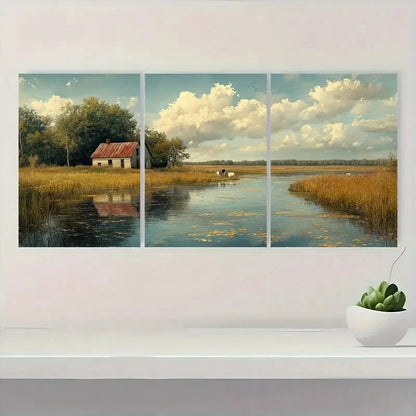 3pcs Rustic Cows at a Pond Pastoral Landscape Metal Print Ready to Hang Art - Bella Home Decor