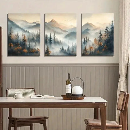 3pcs Misty Mountain Forest Tranquil Perfect Wall Art Set Canvas Framed 60x90cm - High Quality Print 100% Australian Made Wall Canvas Ready to Hang