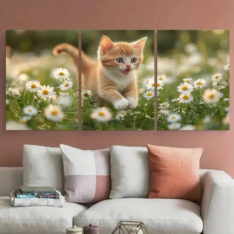 3pcs Excited Kitten Daisies Illustration Metal Print Ready to Hang Art - Bella Home Decor