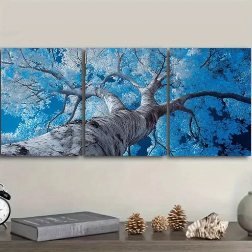 3pcs Vibrant Blue Poplar Tree with Sunlit Leaves Wall Art Set Canvas Unframed - High Quality Print 100% Australian Made Wall Canvas