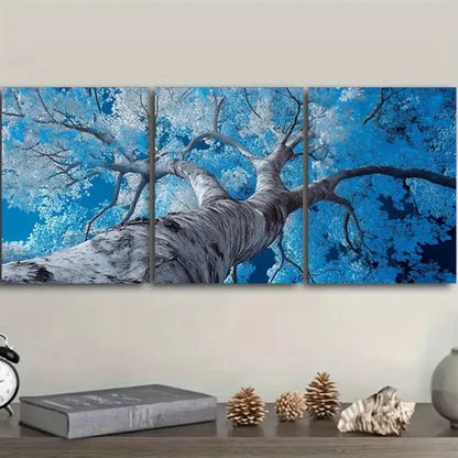3pcs Vibrant Blue Poplar Tree with Sunlit Leaves Wall Art Set Canvas Unframed - High Quality Print 100% Australian Made Wall Canvas