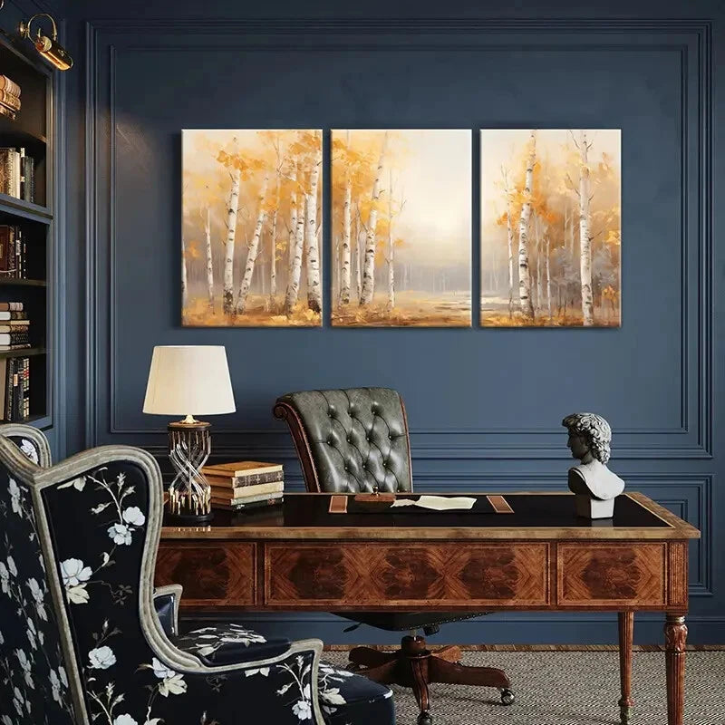 3pcs Autumn Forest Birch Trees Golden Leaves Metal Print Ready to Hang Art - Bella Home Decor