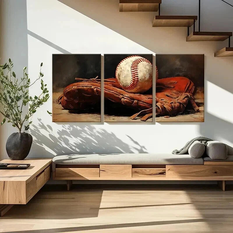 3pcs Vintage Inspired Baseball and Glove Wall Art Set Canvas Framed 60x90cm - High Quality Print 100% Australian Made Wall Canvas Ready to Hang - Bella Home Decor