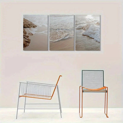 3pcs Beach Waves Coastal Stones Metal Print Ready to Hang Art - Bella Home Decor