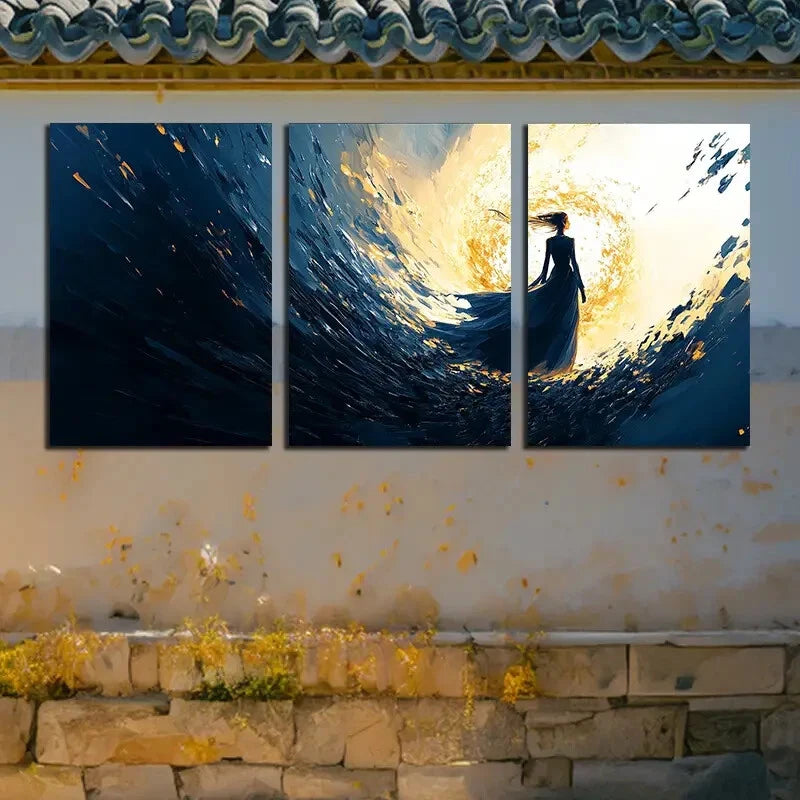 3pcs Modern Girl Silhouette Under Starry Sky Metal Print Ready to Hang Art