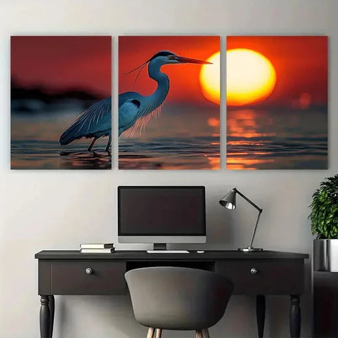 3pcs Heron in Water Sunset Illustration Wall Art Set Canvas Unframed - High Quality Print 100% Australian Made Wall Canvas