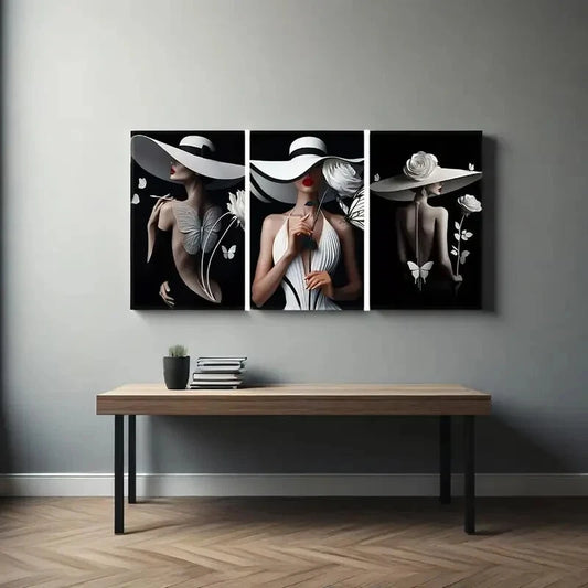 3pcs three female minimalist art hat oil painting Metal Print Ready to Hang Art