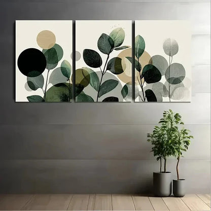 3pcs Green Leaves And Plants With Circles Wall Art Set Canvas Unframed - High Quality Print 100% Australian Made Wall Canvas