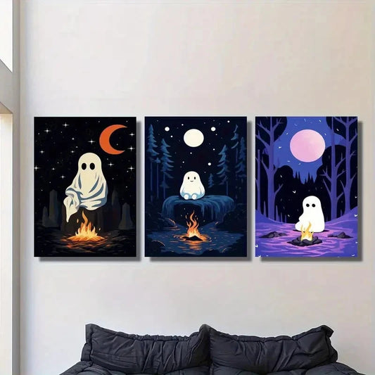 3pcs Adorable Forest Campfire Night Scen Wall Art Set Canvas Framed 40x60cm - High Quality Print 100% Australian Made Wall Canvas Ready to Hang