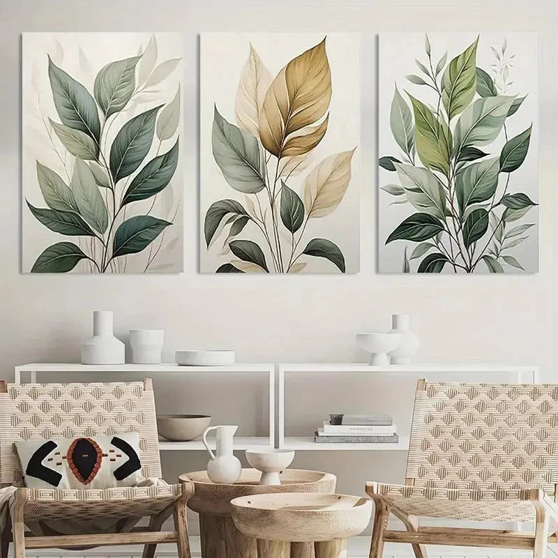 3pcs Abstract Watercolor Leaf Prints in Green Metal Print Ready to Hang Art - Bella Home Decor