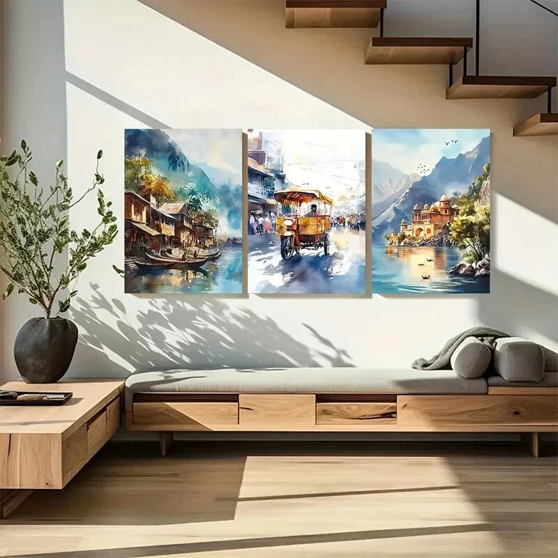 3pcs Vibrant Watercolor Indian Landscapes Metal Print Ready to Hang Art - Bella Home Decor