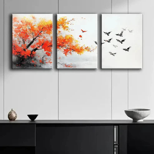3pcs Colorful Autumn Tree and Birds Theme Wall Art Set Canvas Unframed - High Quality Print 100% Australian Made Wall Canvas - Bella Home Decor