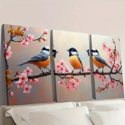 3pcs Three Chickadee Birds on a Cherry CB Wall Art Set Canvas Unframed - High Quality Print 100% Australian Made Wall Canvas