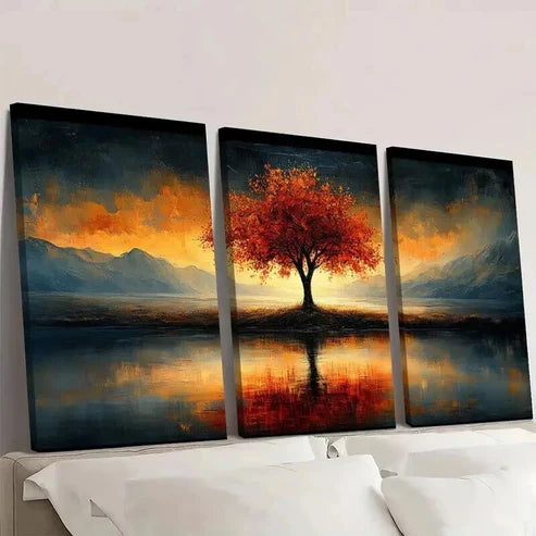 3pcs Vibrant Autumn Leaves & Mountain Reflection Wall Art Canvas Unframed - High Quality Print 100% Australian Made Wall Canvas