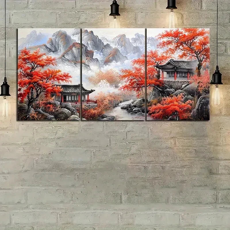 3pcs Chinese Style Landscape Painting Metal Print Ready to Hang Art - Bella Home Decor
