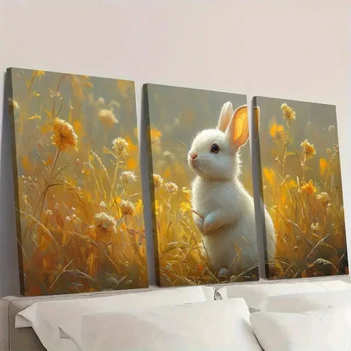 3pcs White Rabbit with Floral Background G Wall Art Set Canvas Unframed - High Quality Print 100% Australian Made Wall Canvas - Bella Home Decor