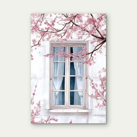Vintage French Window with Cherry Blossoms  60x90cm Metal Print Ready to Hang