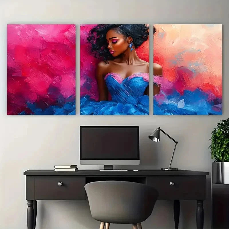 3pcs Illustration Modern Woman in Blue Pink Dress Metal Print Ready to Hang Art - Bella Home Decor