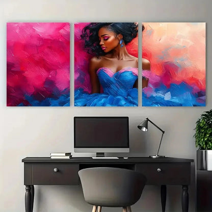 3pcs Illustration Modern Woman in Blue Pink Dress Metal Print Ready to Hang Art - Bella Home Decor