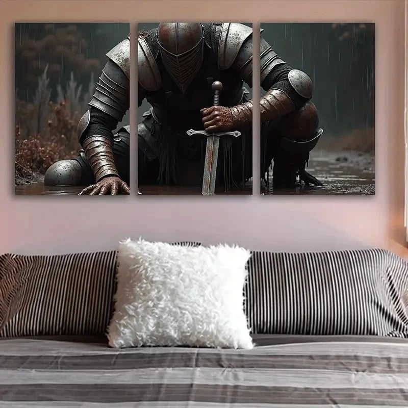3pcs Medieval Knight In Armor With Sword Wall Art Set Canvas Framed 50x70cm - High Quality Print 100% Australian Made Wall Canvas Ready to Hang