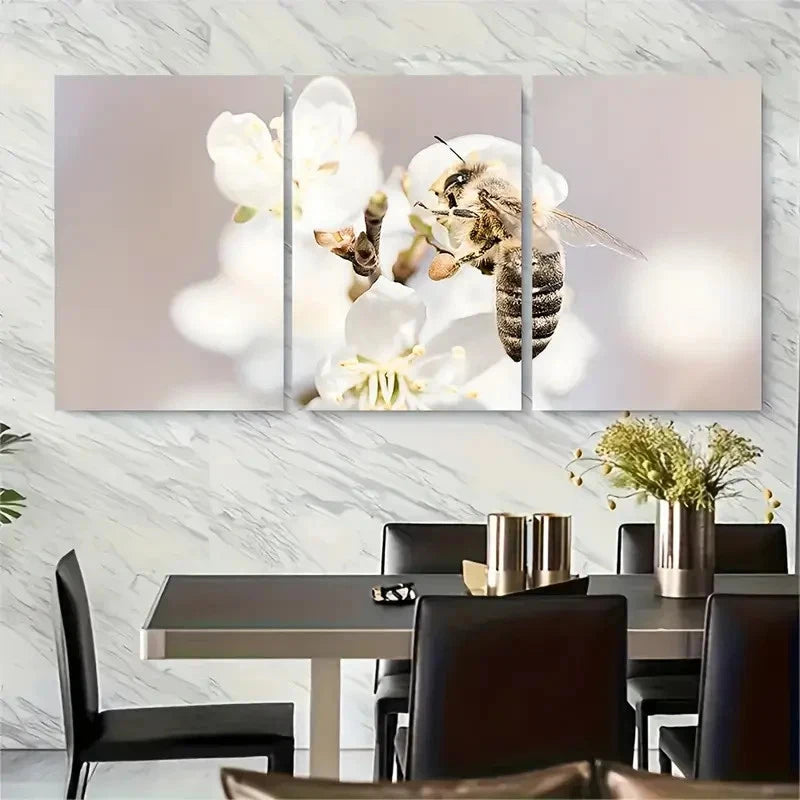 3pcs , Bee On A Flower Spring Macro Floral Metal Print Ready to Hang Art - Bella Home Decor