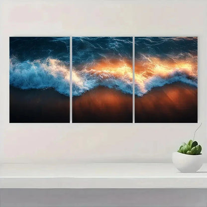 3pcs Ocean Wave Blue & Orange Tides Coastal Metal Print Ready to Hang Art - Bella Home Decor