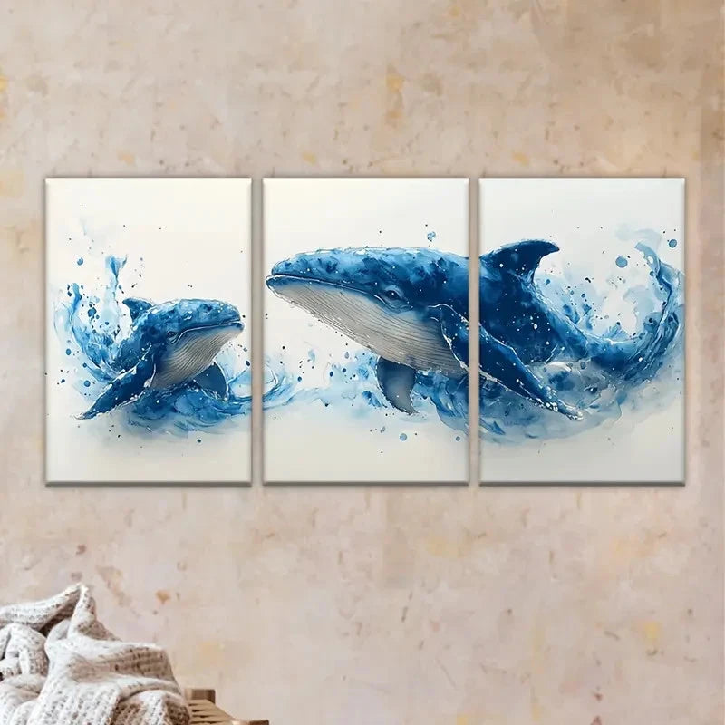 3pcs Two Whales in Water Artist Wall Art Set Canvas Framed 60x90cm - High Quality Print 100% Australian Made Wall Canvas Ready to Hang - Bella Home Decor