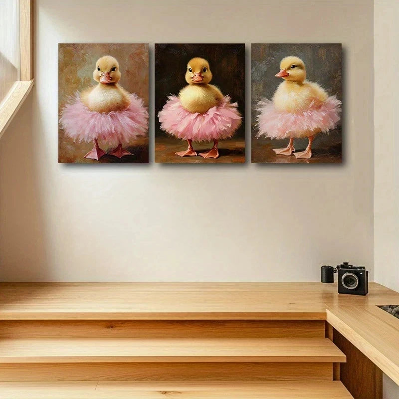 3pcs Adorable Duckling Playful Poses Metal Print Ready to Hang Art - Bella Home Decor