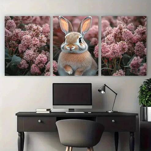 3pcs Pink Floral Bunny Illustration Wall Art Canvas Unframed - High Quality Print 100% Australian Made Wall Canvas