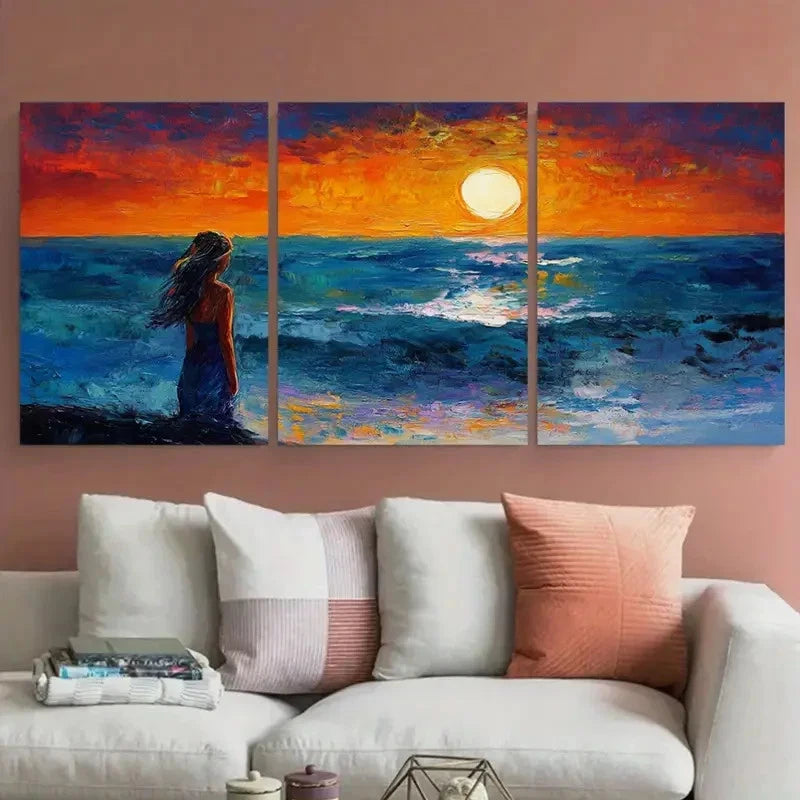 3pcs Girl Beach Night Seascape Design Wall Art Set Canvas Framed 40x60cm - High Quality Print 100% Australian Made Wall Canvas Ready to Hang - Bella Home Decor