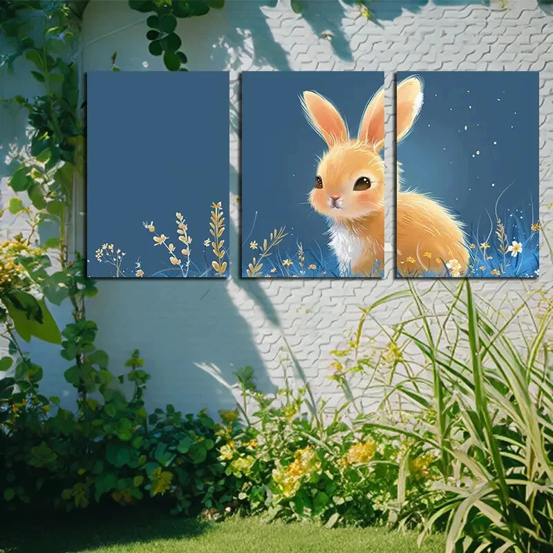 3pcs Vibrant Rabbit in Garden Illustration Metal Print Ready to Hang Art - Bella Home Decor