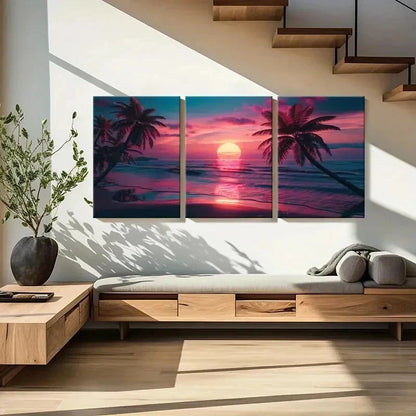 3pcs Sunset Seaside Beach Sea Vintage Wall Art Set Canvas Framed 60x90cm - High Quality Print 100% Australian Made Wall Canvas Ready to Hang