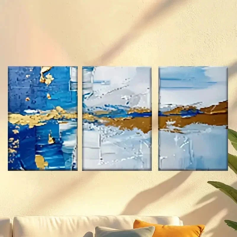 3pcs  Painting with Blue And Golden Paint  Wall Art Set Canvas Framed 60x90cm - High Quality Print 100% Australian Made Wall Canvas Ready to Hang - Bella Home Decor