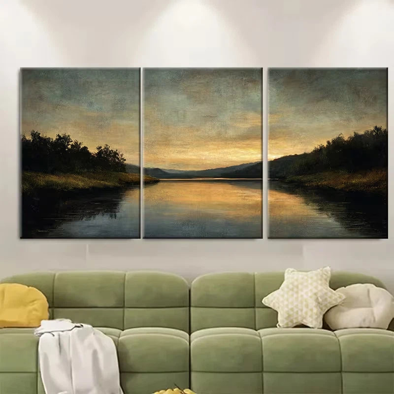 3pcs Lake at Early Dusk Vintage Metal Print Ready to Hang Art