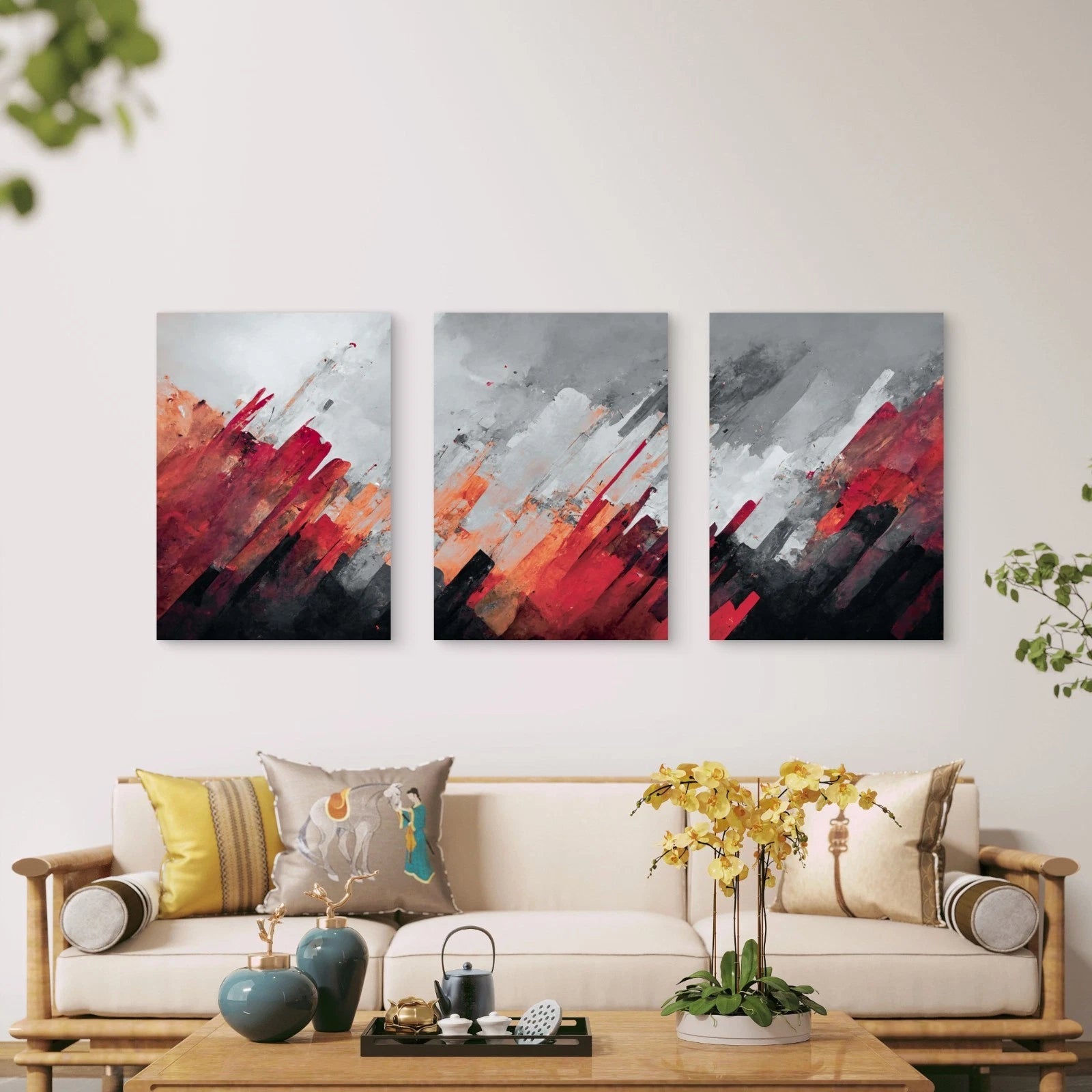 3pcs Sharp Crimson Strokes Pierce Gray Skies Wall Art Set Canvas Framed 60x90cm - High Quality Print 100% Australian Made Wall Canvas Ready to Hang - Bella Home Decor