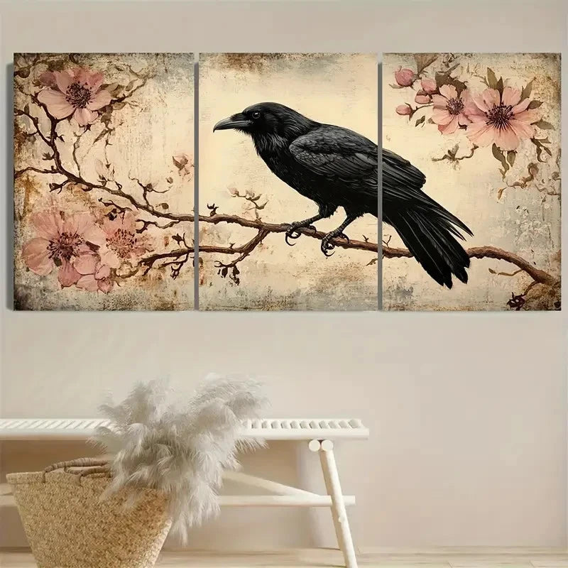3pcs Dark Crow, Raven with Pink Flowers Wall Art Set Canvas Framed 60x90cm - High Quality Print 100% Australian Made Wall Canvas Ready to Hang - Bella Home Decor