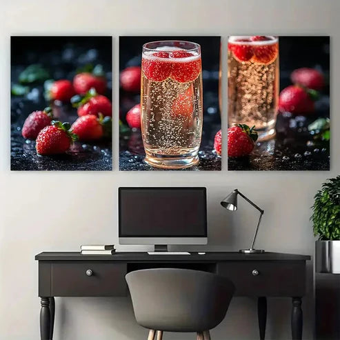 3pcs Elegant Champagne and Strawberries Design Wall Art Canvas Unframed - High Quality Print 100% Australian Made Wall Canvas