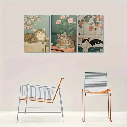 3pcs Cats in Nature Dining and Bath Time Metal Print Ready to Hang Art - Bella Home Decor