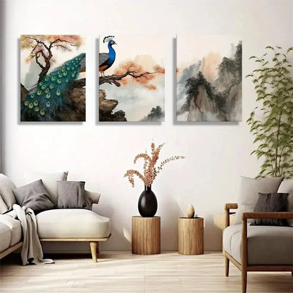 3pcs Elegant Oriental Bird and Nature Metal Print Ready to Hang Art - Bella Home Decor